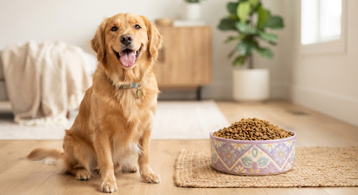 Smiling golden retriever sitting attentively beside a decorative ceramic pet bowl filled with healthy dog kibble